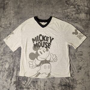 Disney Mickey Mouse Football Tee Womens Large 12-14 Heather Gray Black V-Neck